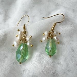 Green Teardrop Crystal Pearl Dangle Gold Plated  Earrings